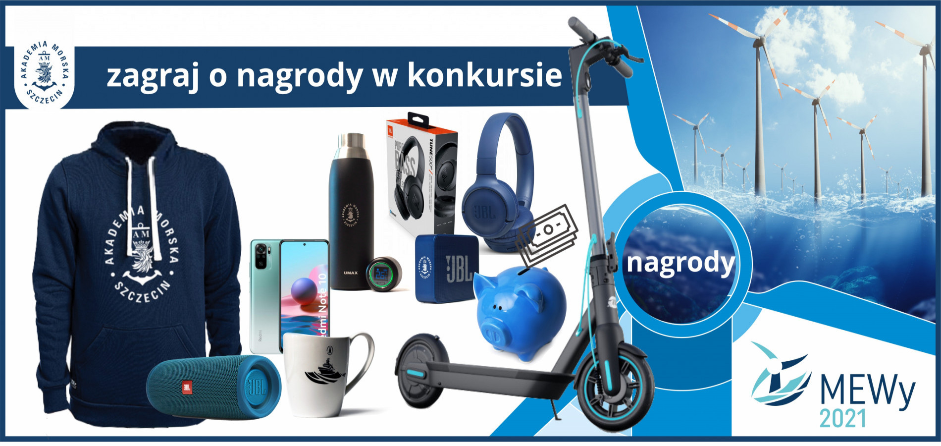 Nagrody rzeczowe w konkursie MEWy - hulajnoga elektryczna, kubki, bluzy AMS